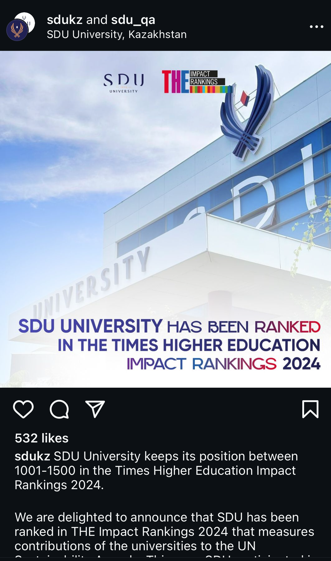 A screenshot of SDU promoting its Times Higher Education ranking.