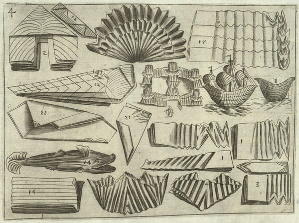 An image from Mattia Giegher's 1629 Trattato delle piegature (Treatise on folding) showing sever different origami images 